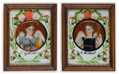 Paar Hinterglasbilder "Hll. Erzengel Gabriel  &  Michael", Murnau, Oberbayern, 1. Hälfte 19. Jahrhundert - Umění a starožitnosti