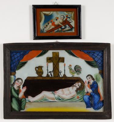 Zwei Hinterglasbilder "Christuskind", "Aufbahrung Christi", Bayern, 19. Jahrhundert - Umění a starožitnosti