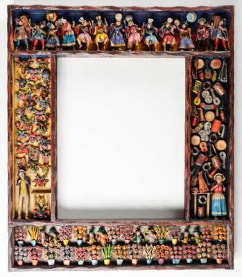 Außergewöhnlicher Spiegel- oder Bilderrahmen mit plastischen Figuren, Künstlerfamilie Jimenez, Peru, 20. Jahrhundert - Umění, starožitnosti, šperky