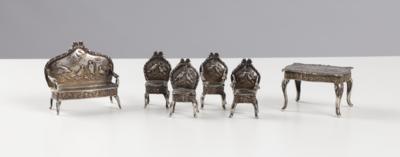 Silber Miniatur Puppen Sitzgarnitur mit Vogelmotiven, um 1900 - Antiquitäten, Möbel & Teppiche
