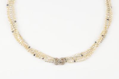 4-reihiges Griesperlen Diamant Saphir Collier - Schmuck & Uhren