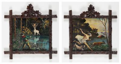 Paar jagdliche Bilder in geschnitzten Rahmen, um 1900 - Paintings