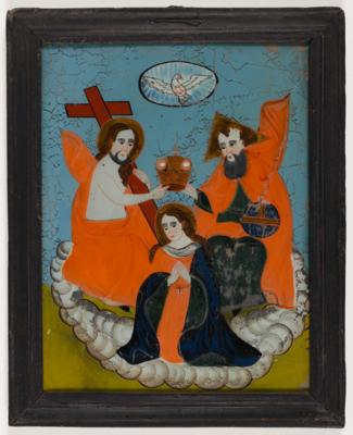 Hinterglasbild "Die Krönung Mariens mit der Heiligen Dreifaltigkeit", Sandl, Oberösterreich, 19. Jahrhundert - Arte, antiquariato e gioielli