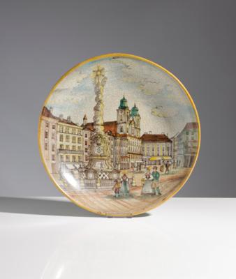Schale - Wandteller "Linzer Hauptplatz", Schleiss Gmunden, Mitte 20. Jahrhundert - Arte, antiquariato, mobili e tecnologia