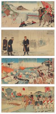 Vier Japanische Holzschnitte mit Kriegsszenen, Meiji Periode, Anfang 20. Jahrhundert - Paintings