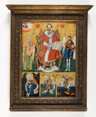 Griechische Ikone "Hl. Johannes Chrysostomos umringt von Heiligen", 19. Jahrhundert - Arte, antiquariato e gioielli