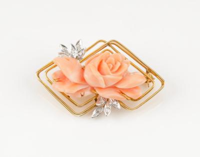 Geschnittene Rosenblüten Korallen Brillantbrosche - Jewellery & watches