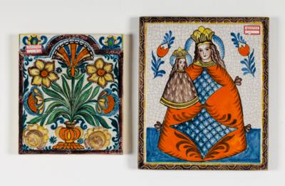 Zwei Bildplatten "Madonna"  &  "Blumenvase", Schleiss Gmunden, 3. Viertel 20. Jahrhundert - Kunst & Antiquitäten