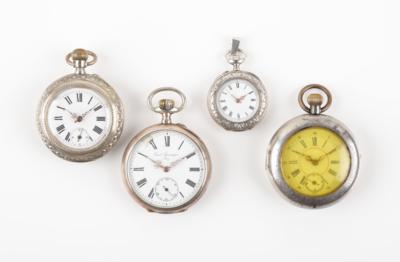 4 Taschenuhren 1 Uhrkette m. 2 Anhänger tlw. um 1900 - Klenoty & Hodinky