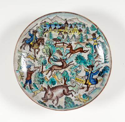 Wandteller - Schale "Höfische Jagd", Entwurf Franz von Zülow (Wien 1883-1963) um 1942, Ausführung Schleiss Gmunden - Kunst & Antiquitäten