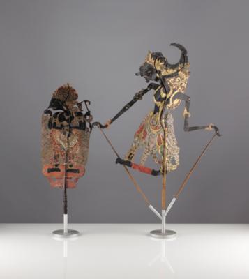 Zwei dekorative Indonesische Schattentheater-Figuren "Wayang-Kulit", um 1900 - Kunst & Antiquitäten