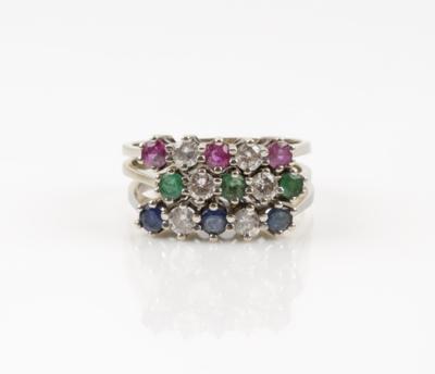 Brillant Saphir Rubin Smaragdring, Brillanten zus. ca. 0,60 ct - Jewellery & watches