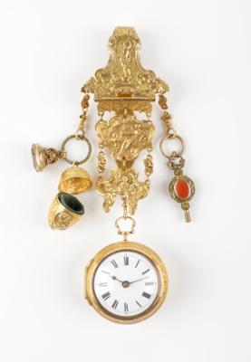 Englische Spindeltaschenuhr mit Übergehäuse und Chatelaine - Jewellery & watches