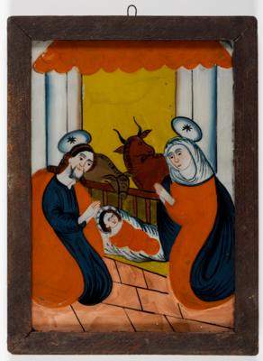 Hinterglasbild "Heilige Familie in der Weihnachtskrippe", Sandl, Oberösterreich, 19. Jahrhundert - Umění a starožitnosti