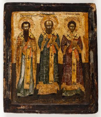 Russische Ikone mit drei Heiligen, wohl 17. Jahrhundert - Umění a starožitnosti
