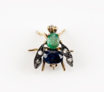 Diamantrauten Saphir Smaragd Fliegenbrosche - Arte e antiquariato