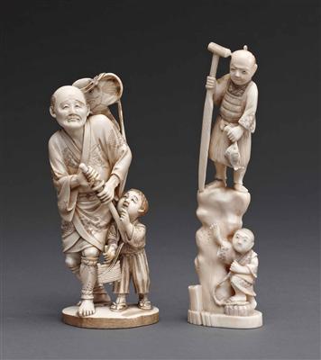 2 japanische Elfenbeinskulpturen "Samurai mit Knaben, Fischer" - Autumn auction