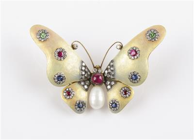 Jugendstil Schmetterlingsbrosche, Diamanten zus. ca. 1 ct - Spring Auction