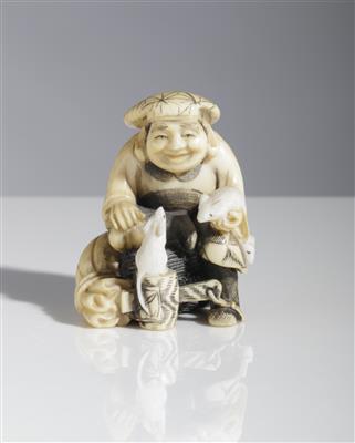 Netsuke einer Frau mit drei Mäusen, Japan, Meiji/Taisho Periode - Asta di primavera