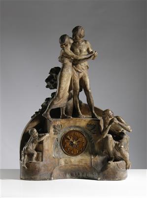 Monumentale Uhr "Allegorie des Lebens", Entwurf Stanislaus Czapek (Capeque) (1874 geb.) um 1904, Ausführung Manufaktur Friedrich Goldscheider, Wien - Aukce podzim