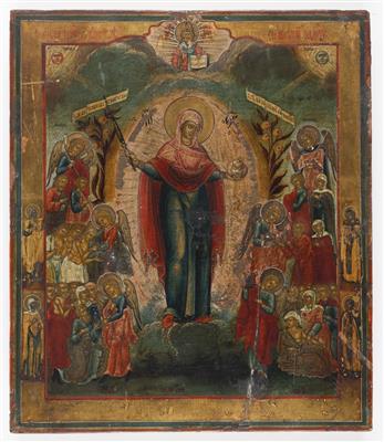 Russische Ikone, Gottesmutter "Freude aller Leidenden", 19. Jahrhundert - Aukce podzim