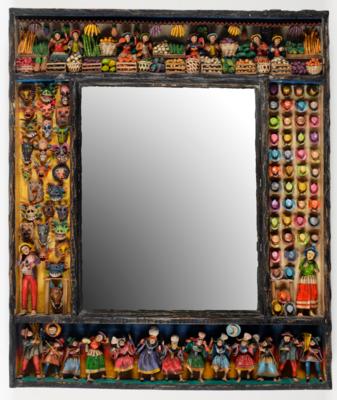 Aussergewöhnlicher Spiegeloder Bilderrahmen mit plastischen Figuren, Künstlerfamilie Jimenez, Peru, 20. Jahrhundert - Asta di primavera