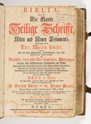 Seltene Luther Bibel, Emanuel Thurneysen, Basel, 1778 - Herbstauktion