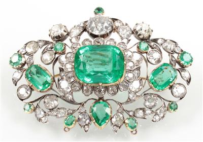 Diamant Smaragdbrosche - Kunst, Antiquitäten und Schmuck