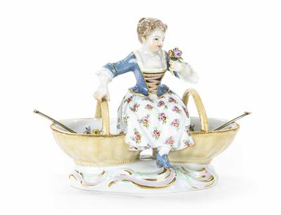 "Mädchen mit Blumenstrauß, sitzend auf einem Gewürzkörbchen", Fa. Meissen - Arte, antiquariato e gioielli