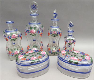 4 Flaschen in Kuttrolf-Form, 2 ovale Deckeldosen, Anfang 20. Jhdt. - Kunst, Antiquitäten und Schmuck