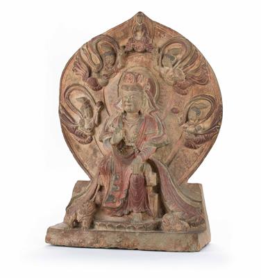 Terrakotta-Buddha - Vitarkamudra, Schreinfigur, wohl China - Umění, starožitnosti, šperky