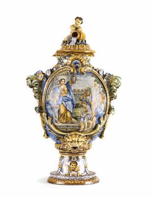 Italienische Prunk-Deckelvase, wohl Castelli, in Anlehnung an die Arbeiten der Brüder Carlo Antonio Grue - Antiques, art and jewellery