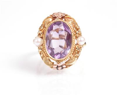 Amethyst- Kulturperlendamenring - Antiques, art and jewellery