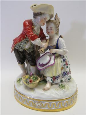 Gärtnerkinder mit Blütenkorb und Flöte, Entwurf Johann Joachim Kaendler um 1750/55, Meissen um 1900 - Klenoty, umění a starožitnosti