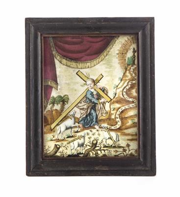 Klosterarbeit, Kreuz tragendes Jesuskind mit Lamm Gottes, 18. Jahrhundert - Klenoty, umění a starožitnosti