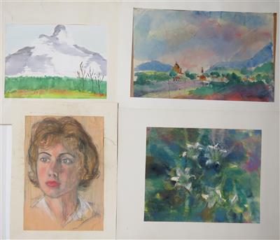 3 Aquarelle, 1 Pastellzeichnung - Gioielli, arte e antiquariato