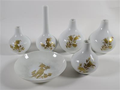 5 Vasen, 1 Teller "Romanze", Entwurf Björn Wiinblad, Rosenthal, Studio-Linie, 1970er/80er Jahre - Art, antiques and jewellery