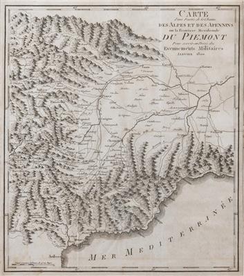Landkarte des französisch besetzten Piemont im Jahr 1800 zwischen Aostatal, Turin, Genua und Nizza - Kunst, Antiquitäten und Schmuck
