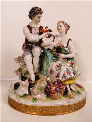 Schäferpaar mit Vogel, Ziege und Blütenkranz, wohl Volkstedt, Thüringen 20. Jahrhundert - Jewellery, antiques and art