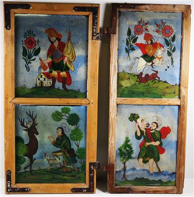 Zwei Nadelholz-Fensterrahmen des 19. Jahrhunderts mit später hinzugefügten Hinterglasbildern des 20. Jahrhunderts - Jewellery, antiques and art