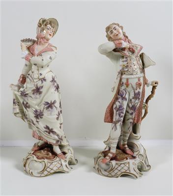 Galantes Paar, die Dame mit Fächer, der Herr mit Stock, um 1900 - Schmuck, Kunst & Antiquitäten