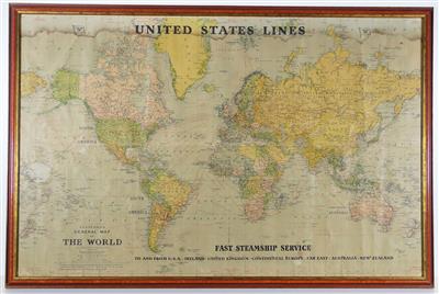 Landkarte der Welt mit Einzeichnung der Schifffahrtslinien der "United States Lines" - Schmuck, Kunst & Antiquitäten