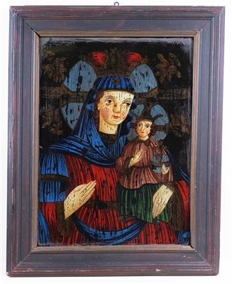 Hinterglasbild "Muttergottes mit Christuskind mit Weltkugel", 20. Jahrhundert - Klenoty, umění a starožitnosti