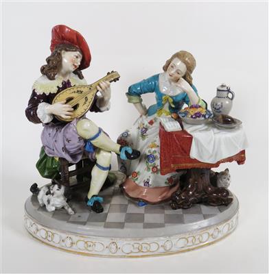 Figurengruppe mit lautespielendem Herrn und lauschender Dame an gedeckten Tisch gelehnt - Gioielli, arte e antiquariato
