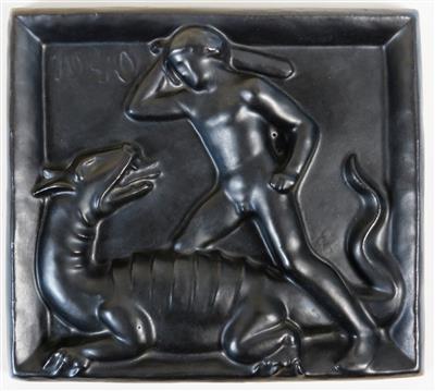 Relief "Drachentöter", Firma Wienerberger, Wien, um 1940 - Klenoty, umění a starožitnosti