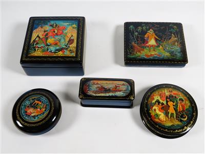 5 russsiche Lackdosen, aus Mstjora, Palech und Cholui, 2. Hälfte 20. Jahrhundert - Gioielli, arte e antiquariato
