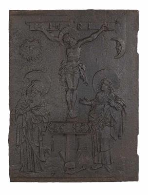 Ofenplatte Kreuzigungsgruppe 1680 - Klenoty, umění a starožitnosti