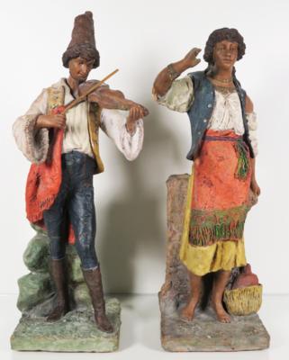 Junge Frau mit Korb und Geigenspieler in folkloristischer Kleidung, Friedrich Goldscheider, Wien, um 1890 - Antiques, art and jewellery