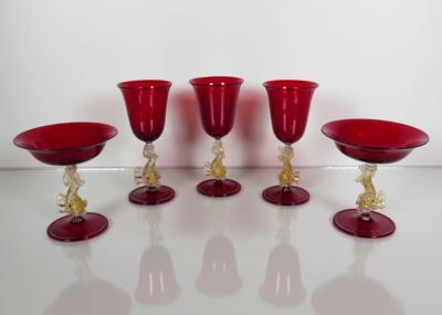 3 Pokal- und 2 Champagnergläser, Murano, 2. Hälfte 20. Jahrhundert - Gioielli, arte e antiquariato