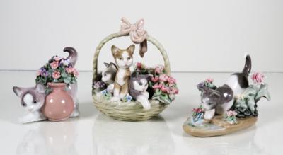 Katze mit Frosch, Katze mit Blumentopf, Blumenkorb mit drei Kätzchen, Lladro - Gioielli, arte e antiquariato